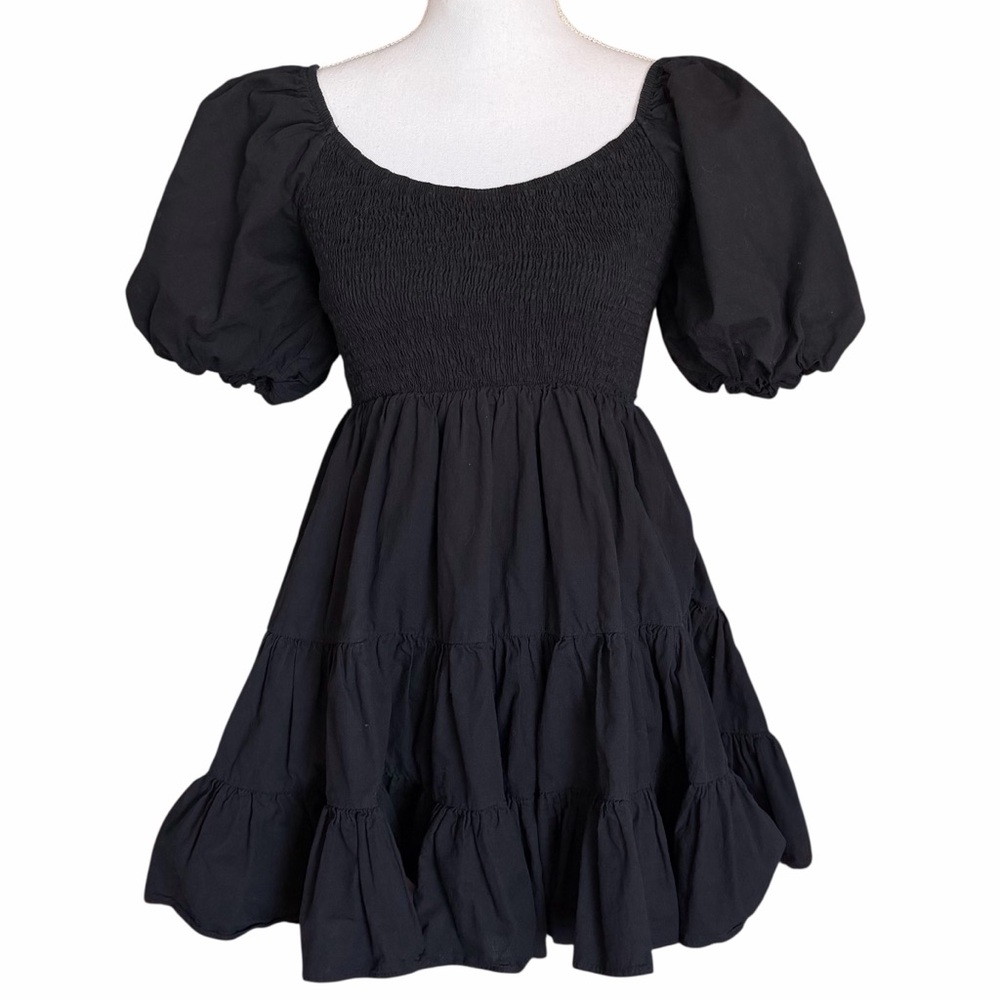 Hazel and Olive Puff Sleeve Tiered Ruffle Black Babydoll Mini Dress Sz M